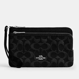 💥COACH💥 Double Zip Wallet in Signature Black Denim Canvas NWT